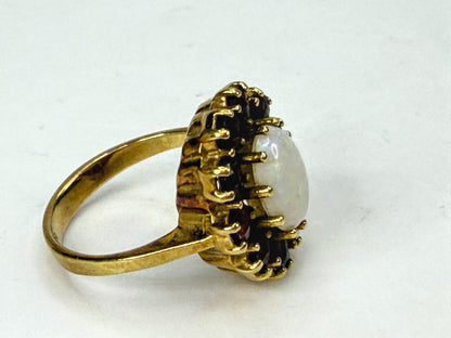 Vintage 14K Gold Opal Garnet Cluster Halo Cocktail Ring Size 5.5 JR1982