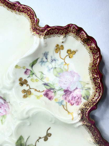 Antique Limoges Oyster Plate 10.0" Rococo Scalloped Burgundy Gilt Floral A753