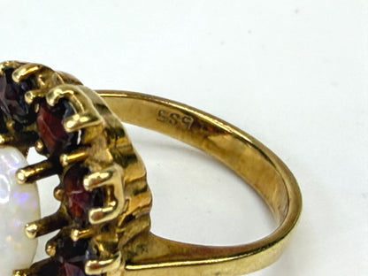 Vintage 14K Gold Opal Garnet Cluster Halo Cocktail Ring Size 5.5 JR1982