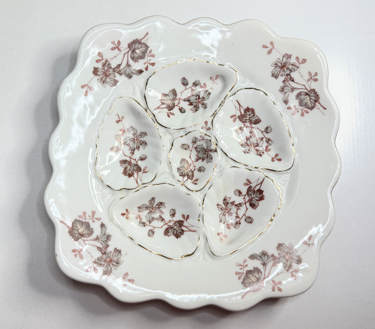 Antique French Oyster Plate 8.75” Sepia Floral Gilt Decorated Porcelain A754