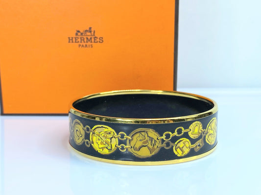 Hermès Black Wide Enamel Cheval Et Harnais Bangle 20mm 8" GS549