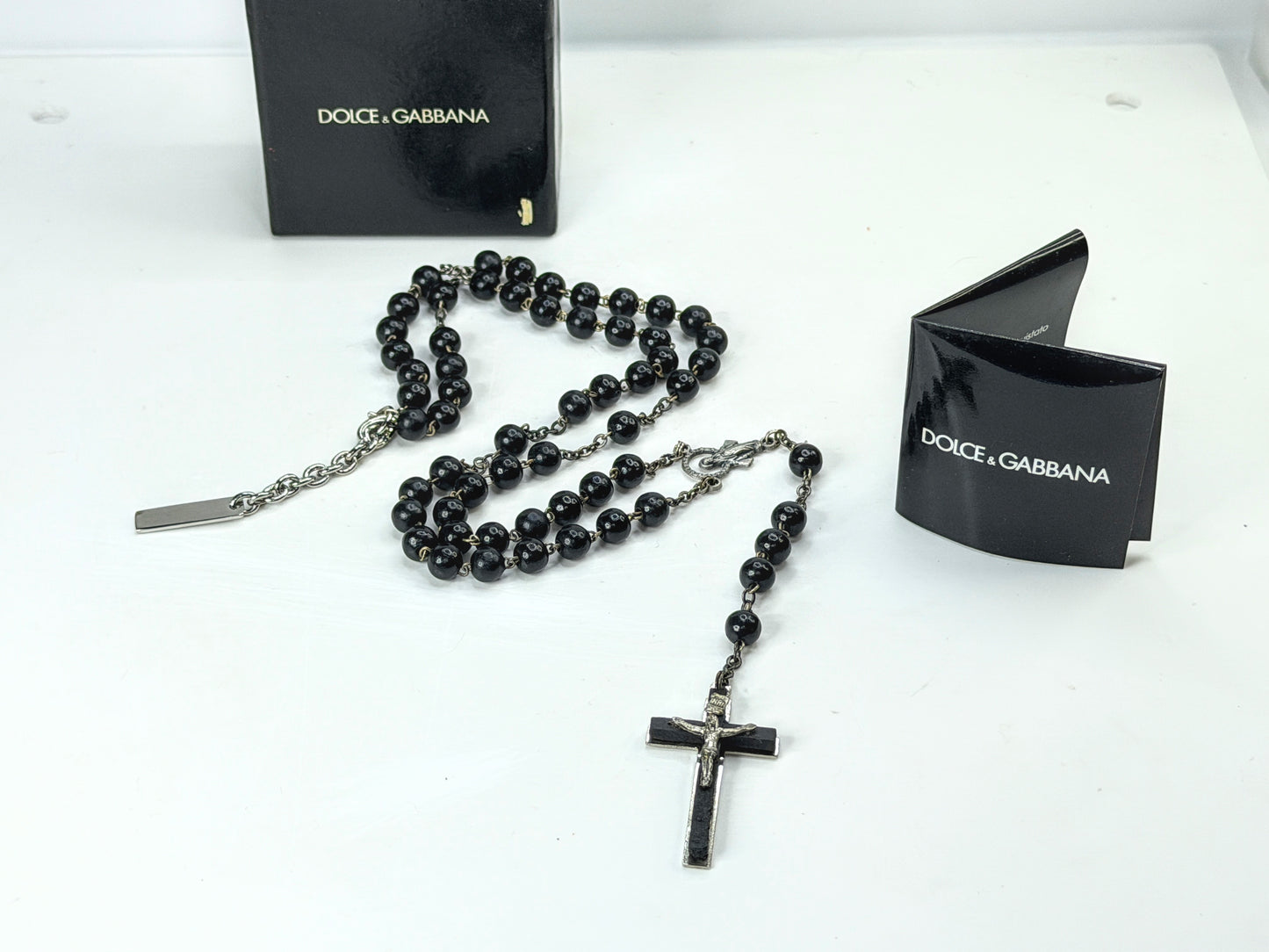 Vintage Dolce & Gabbana 925 Silver Black Bead Rosary Crucifix Necklace JR1983