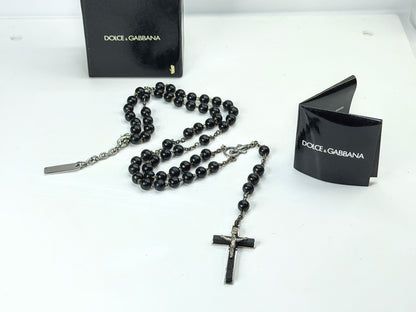 Vintage Dolce & Gabbana 925 Silver Black Bead Rosary Crucifix Necklace JR1983