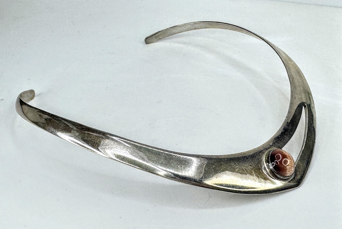 Vintage Mexico 925 Sterling Silver Cat Eye Modernist Collar Necklace 48.9g JR210
