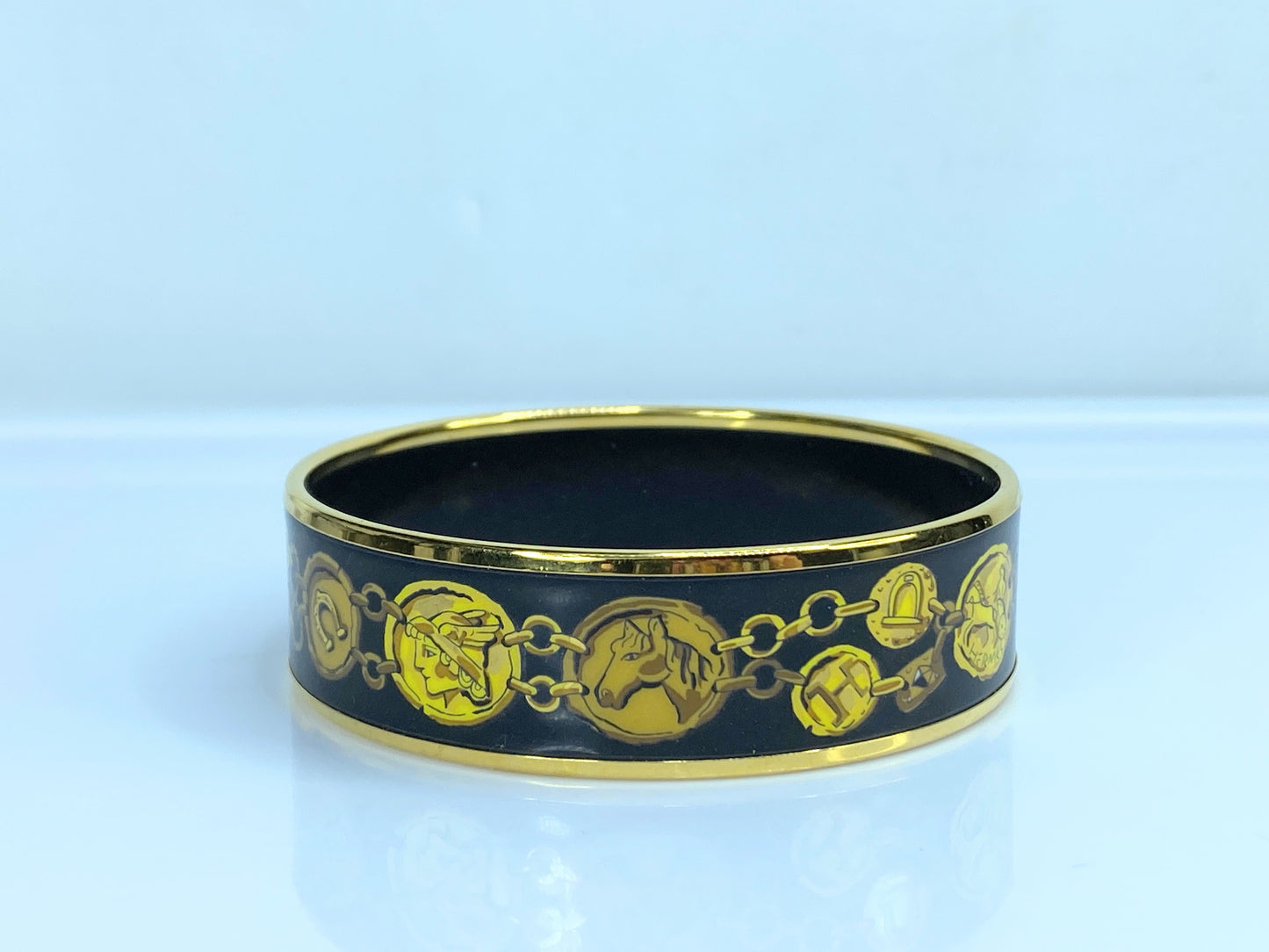 Hermès Black Wide Enamel Cheval Et Harnais Bangle 20mm 8" GS549