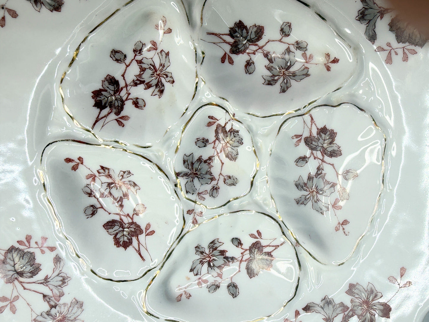 Antique French Oyster Plate 8.75” Sepia Floral Gilt Decorated Porcelain A754