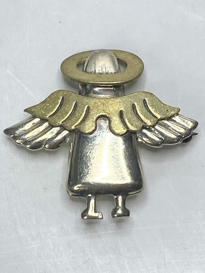 Vintage Sterling Silver & Brass Angel Brooch, 7.1g, 5/8” x 1.5” JR1116