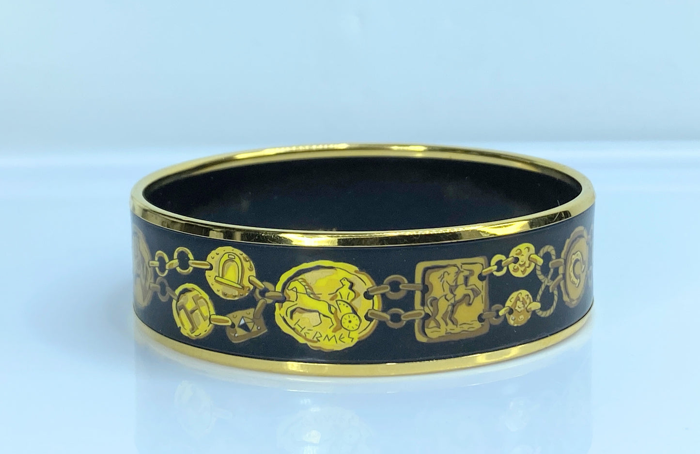 Hermès Black Wide Enamel Cheval Et Harnais Bangle 20mm 8" GS549