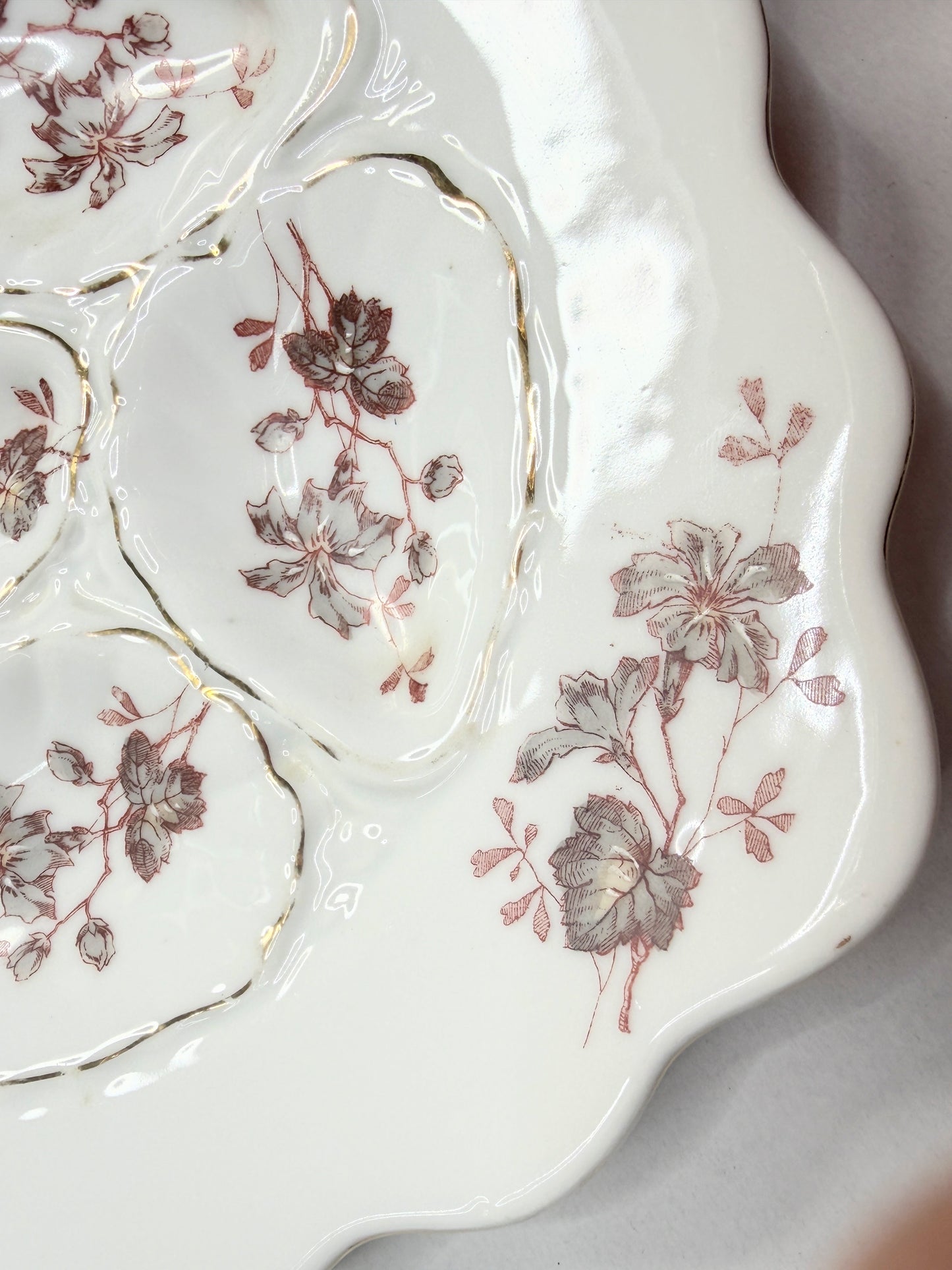 Antique French Oyster Plate 8.75” Sepia Floral Gilt Decorated Porcelain A754