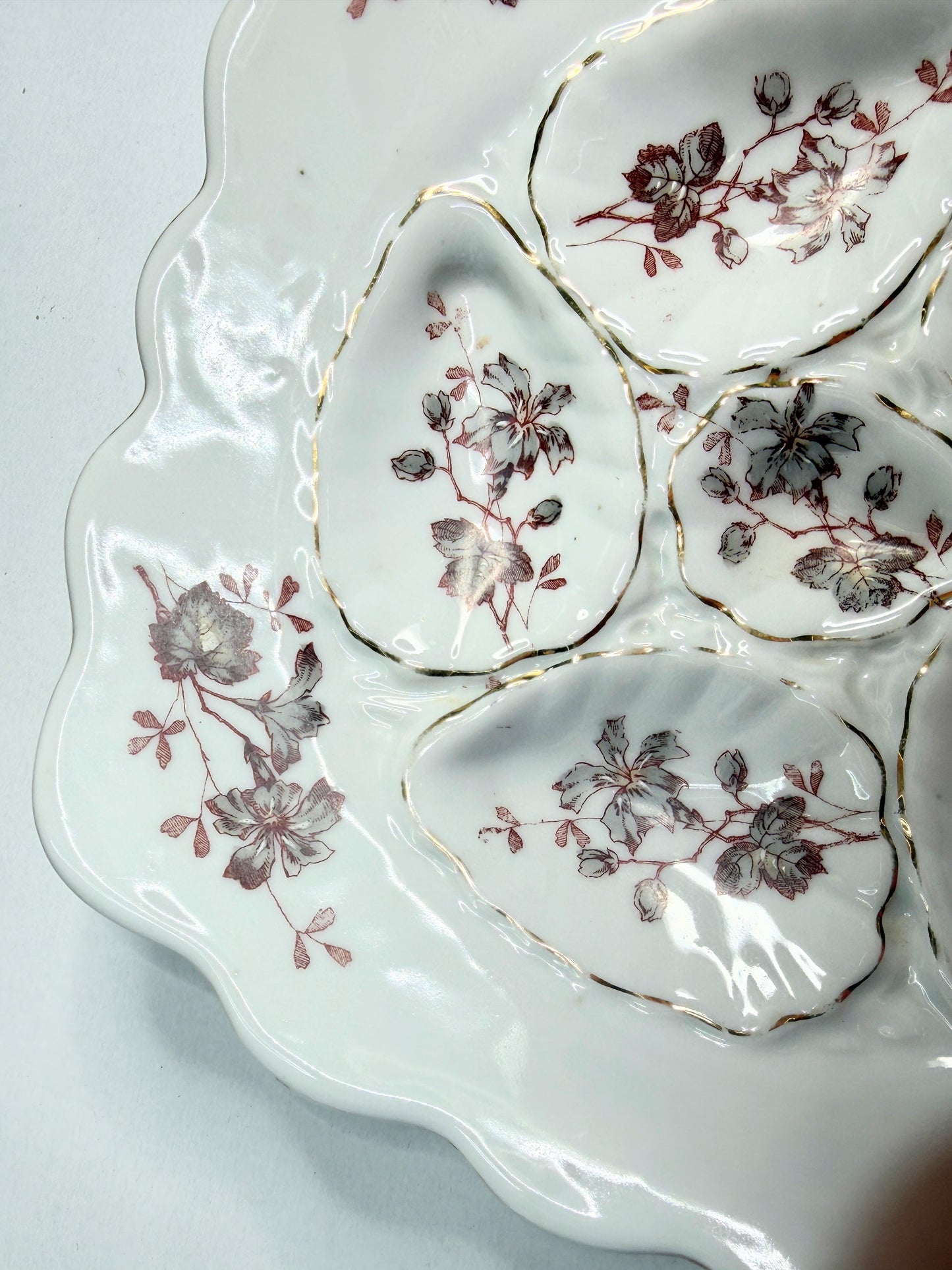 Antique French Oyster Plate 8.75” Sepia Floral Gilt Decorated Porcelain A754