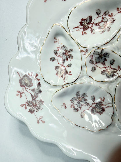 Antique French Oyster Plate 8.75” Sepia Floral Gilt Decorated Porcelain A754