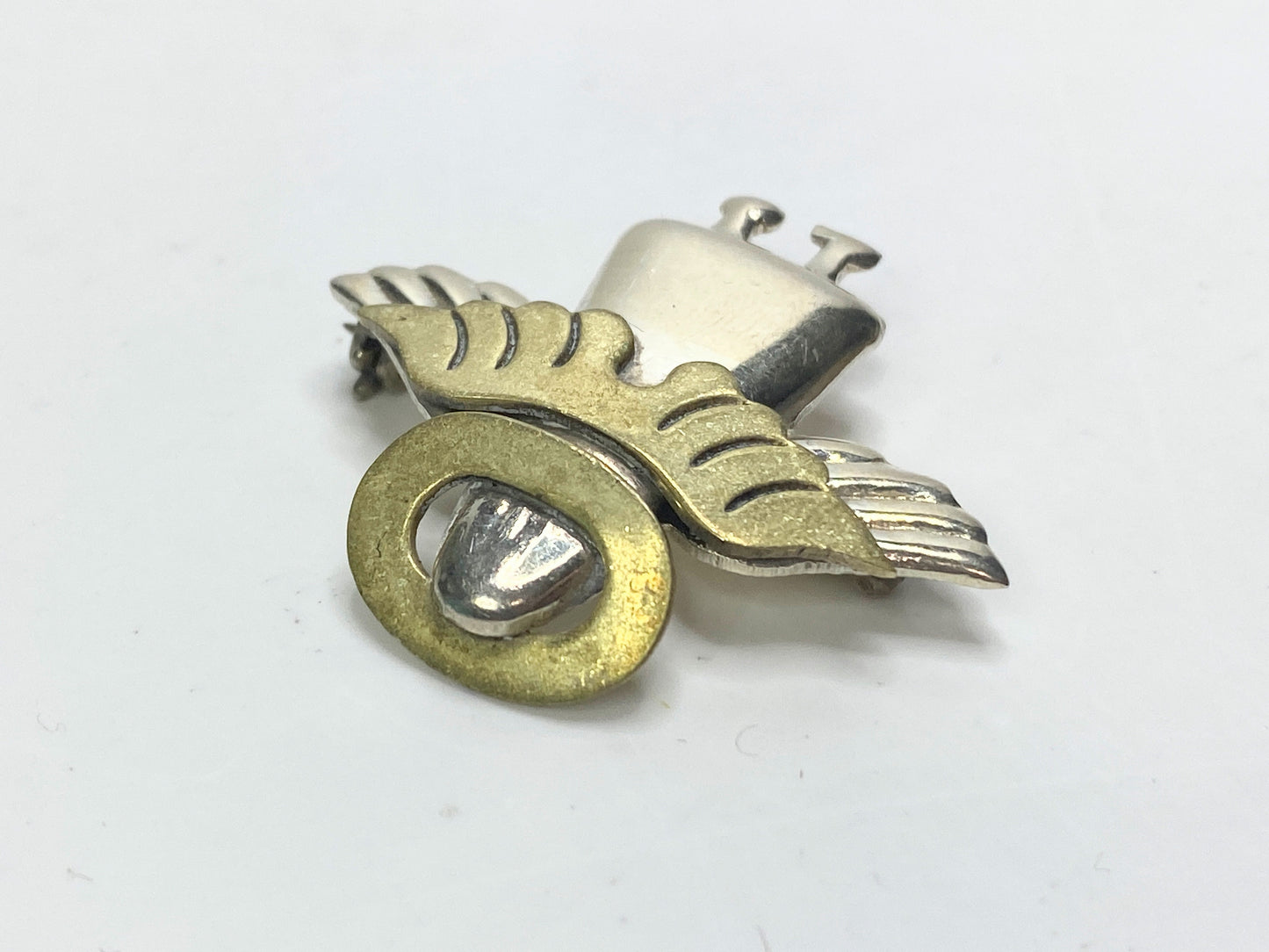 Vintage Sterling Silver & Brass Angel Brooch, 7.1g, 5/8” x 1.5” JR1116