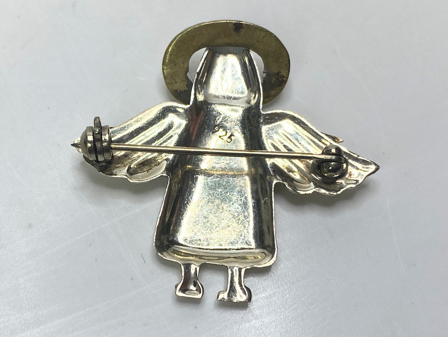 Vintage Sterling Silver & Brass Angel Brooch, 7.1g, 5/8” x 1.5” JR1116