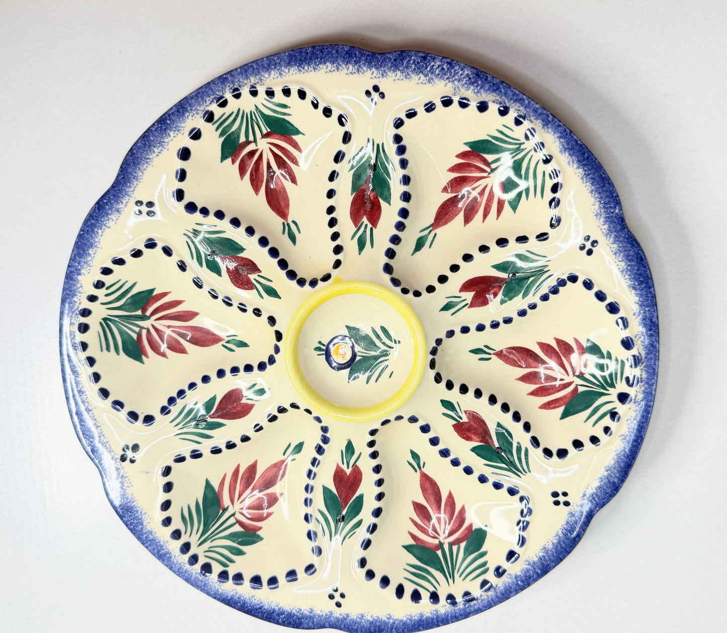 Mid Century French Quimper Oyster Plate 9” Hand Decorated Floral Faience A755