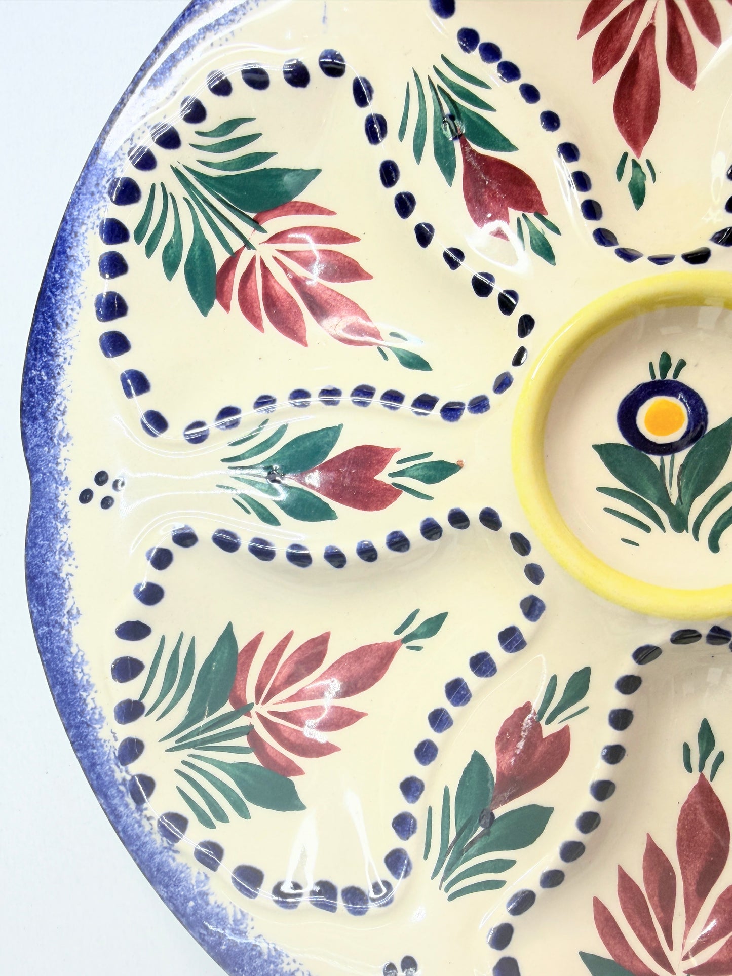Mid Century French Quimper Oyster Plate 9” Hand Decorated Floral Faience A755