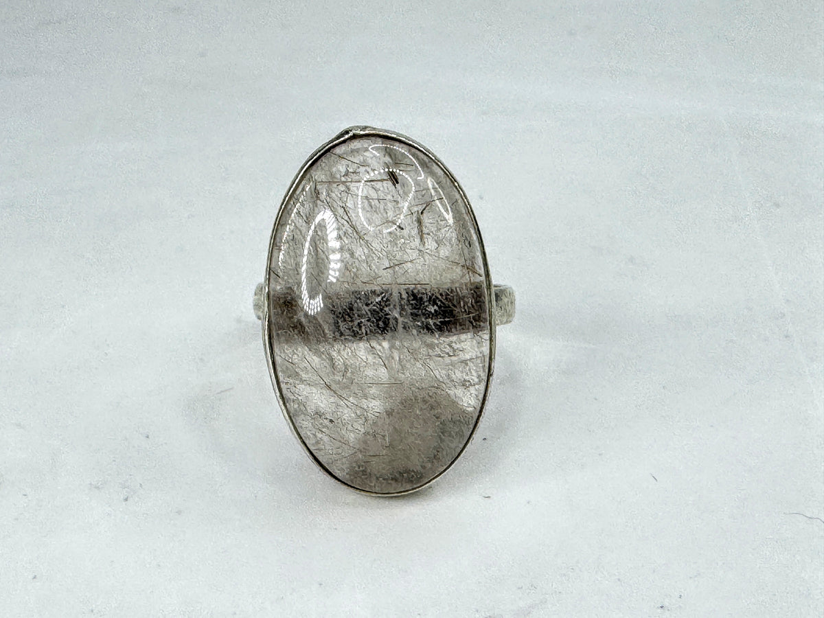 Handmade Sterling Silver Rutilated Quartz Oval Statement Ring 4.6g size 9 JR2092