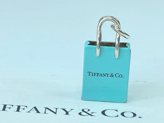 Tiffany & Co Silver Blue Enamel Shopping Bag Charm Oval Clasp Gift Love JR9569