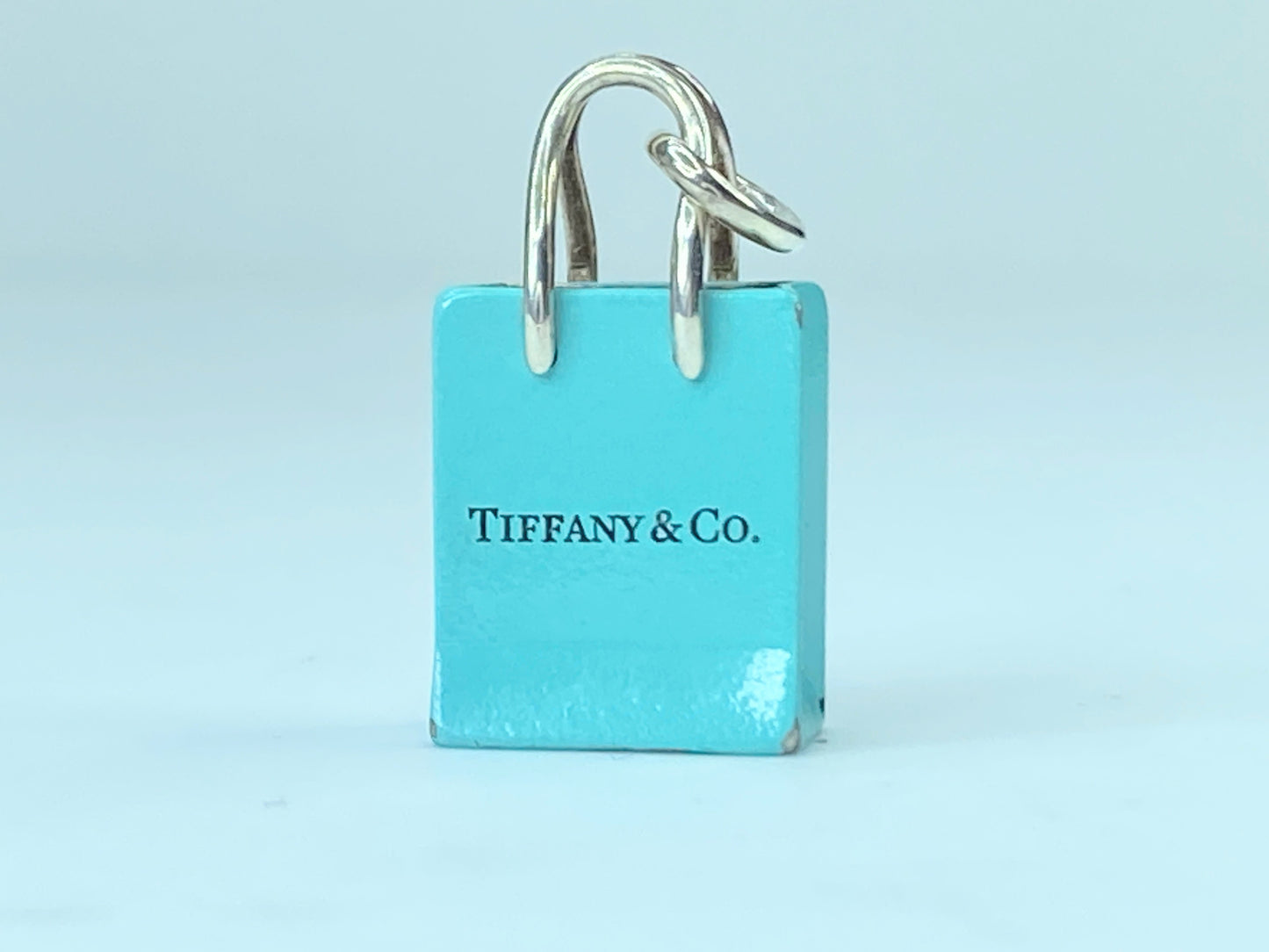 Tiffany & Co Silver Blue Enamel Shopping Bag Charm Oval Clasp Gift Love JR9569