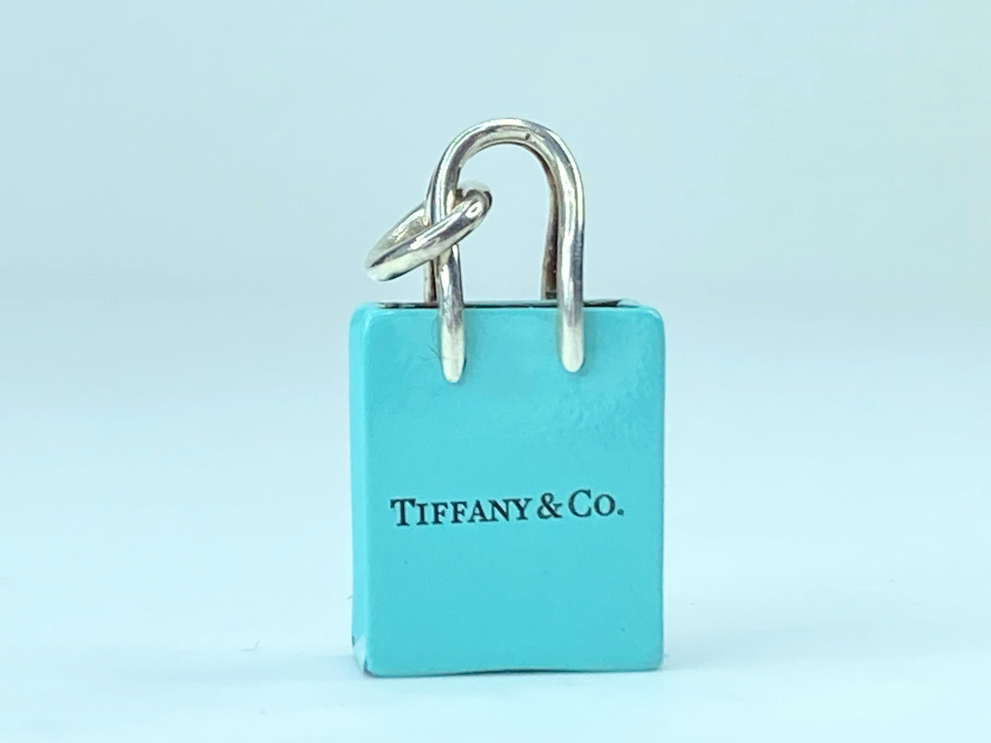 Tiffany & Co Silver Blue Enamel Shopping Bag Charm Oval Clasp Gift Love JR9569