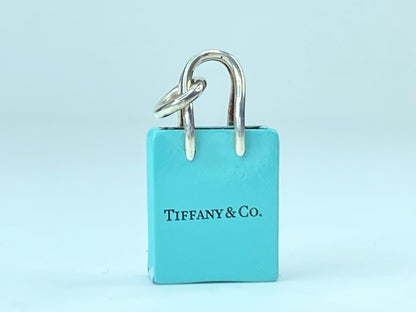 Tiffany & Co Silver Blue Enamel Shopping Bag Charm Oval Clasp Gift Love JR9569