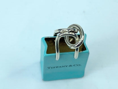 Tiffany & Co Silver Blue Enamel Shopping Bag Charm Oval Clasp Gift Love JR9569