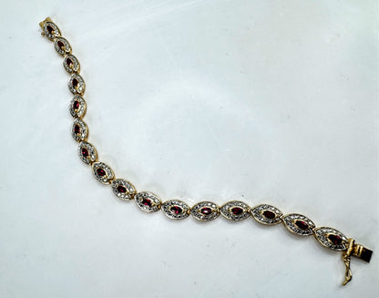 Lovely sterling silver two-tone Marquise Ruby link bracelet 7.25" 16.1g JR2094