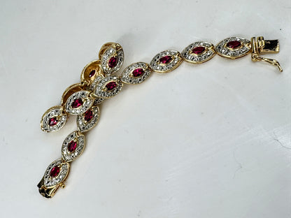 Lovely sterling silver two-tone Marquise Ruby link bracelet 7.25" 16.1g JR2094