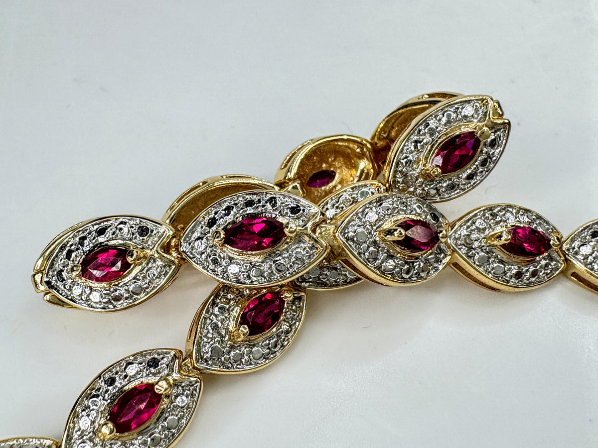 Lovely sterling silver two-tone Marquise Ruby link bracelet 7.25" 16.1g JR2094