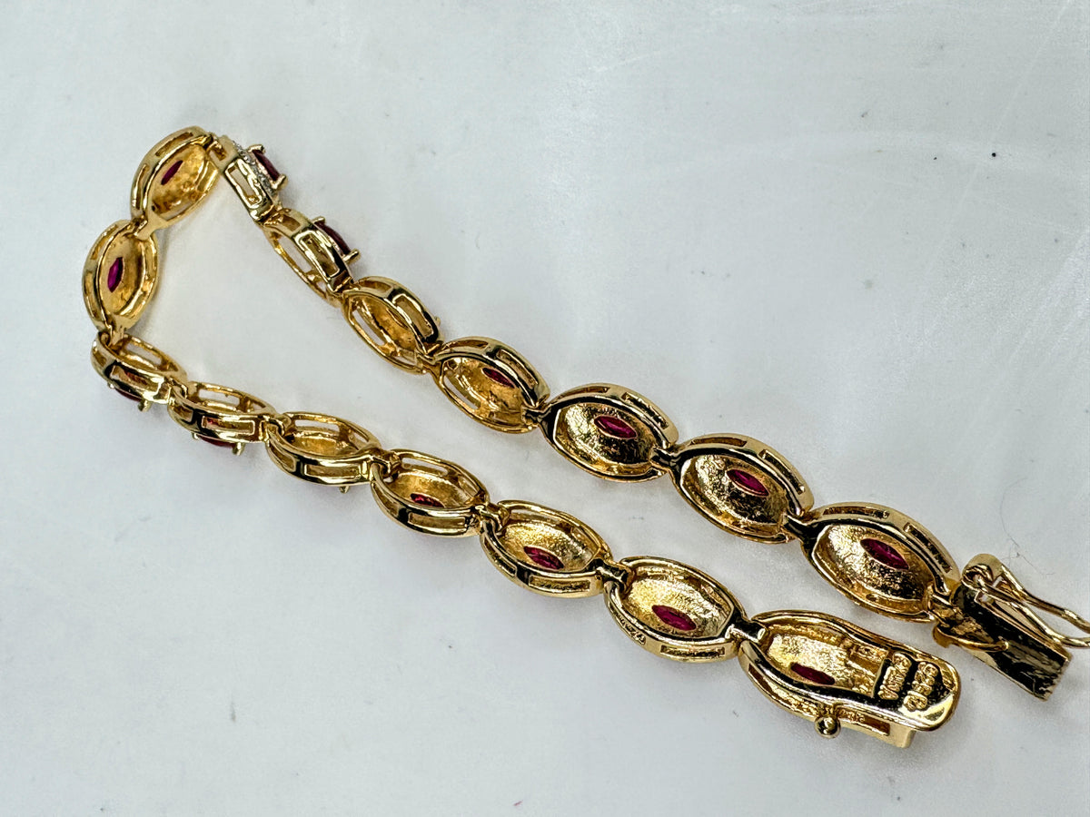 Lovely sterling silver two-tone Marquise Ruby link bracelet 7.25" 16.1g JR2094