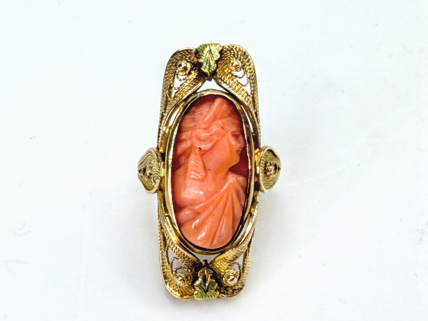 Antique Art Nouveau Hand Carved Coral Cameo Ornate Filigree Ring Size 4.5 JR1987