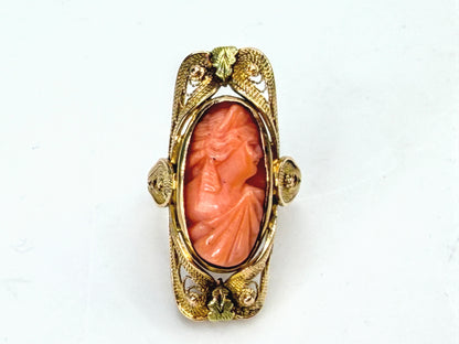 Antique Art Nouveau Hand Carved Coral Cameo Ornate Filigree Ring Size 4.5 JR1987