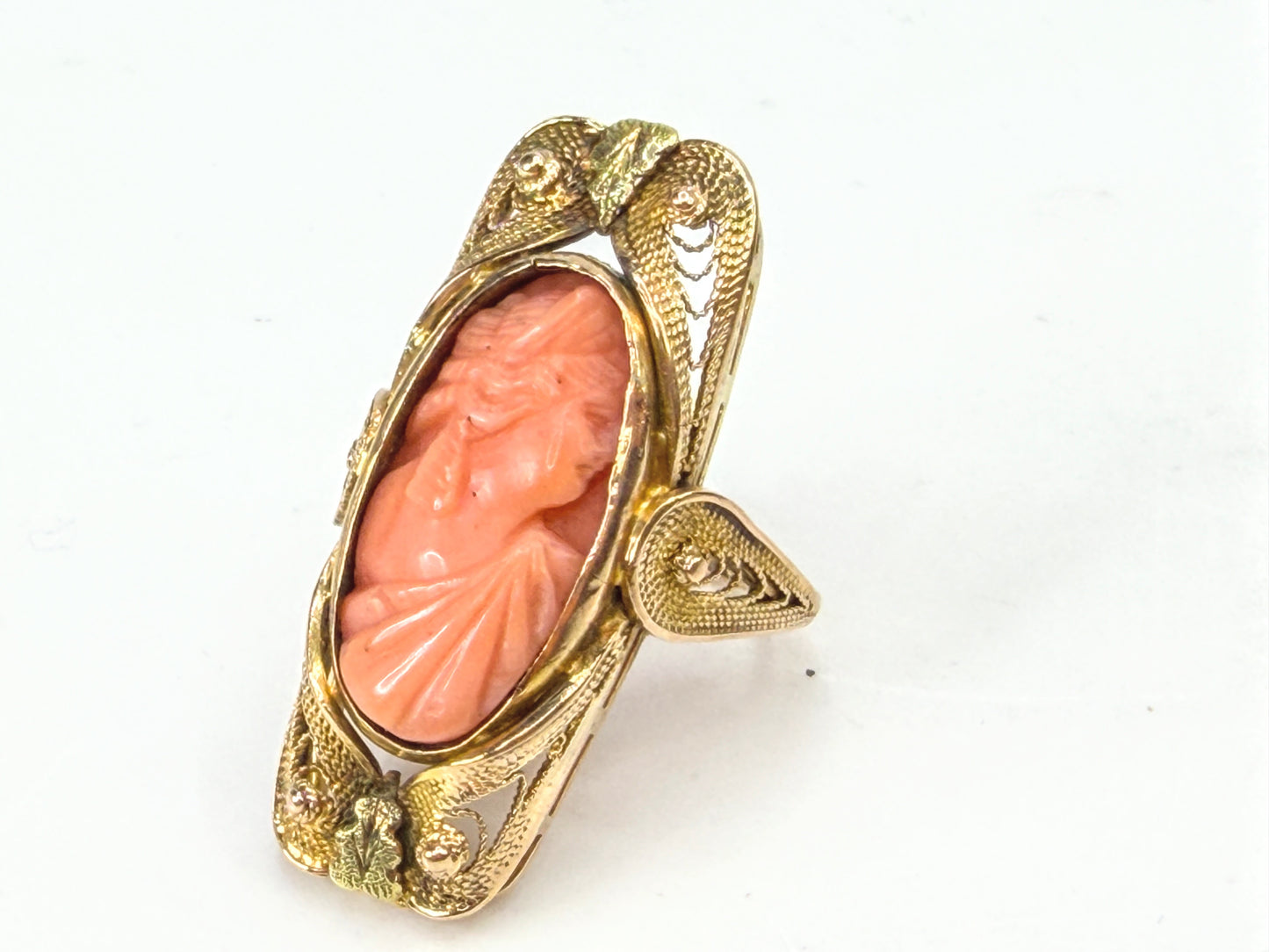 Antique Art Nouveau Hand Carved Coral Cameo Ornate Filigree Ring Size 4.5 JR1987