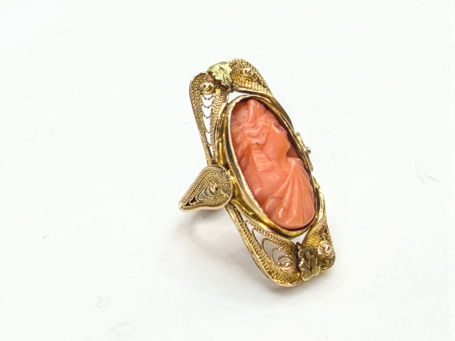 Antique Art Nouveau Hand Carved Coral Cameo Ornate Filigree Ring Size 4.5 JR1987