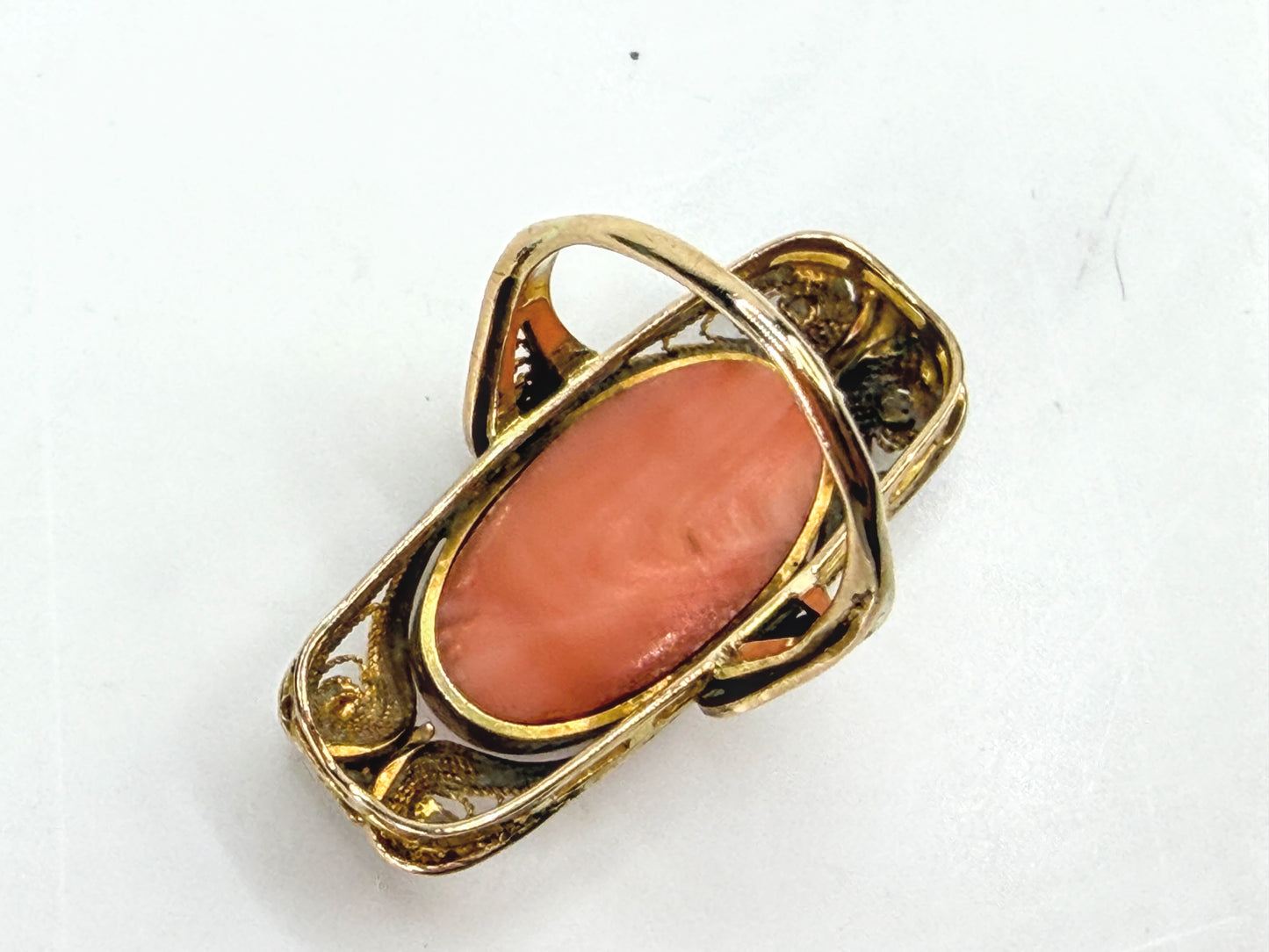 Antique Art Nouveau Hand Carved Coral Cameo Ornate Filigree Ring Size 4.5 JR1987