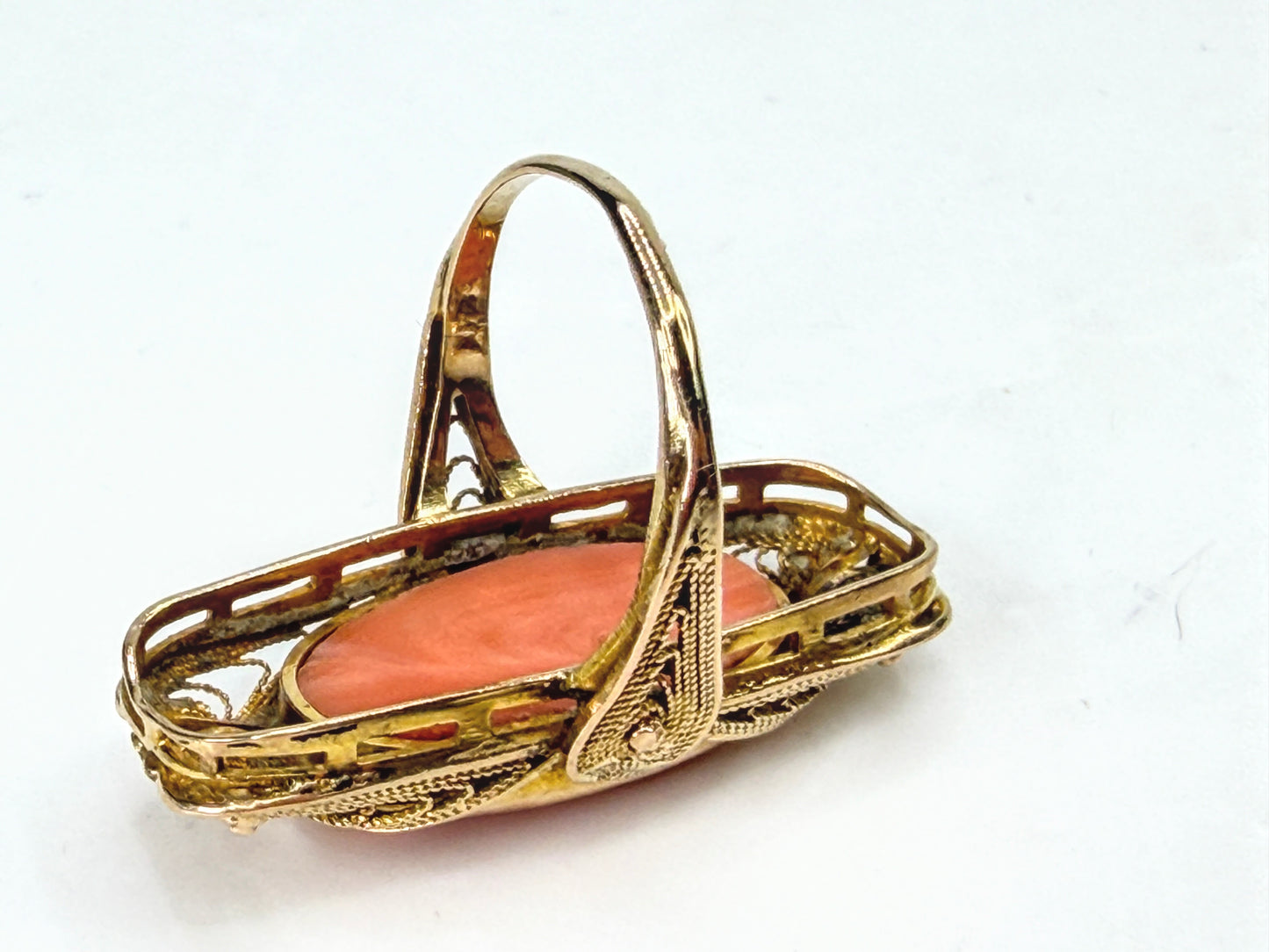 Antique Art Nouveau Hand Carved Coral Cameo Ornate Filigree Ring Size 4.5 JR1987