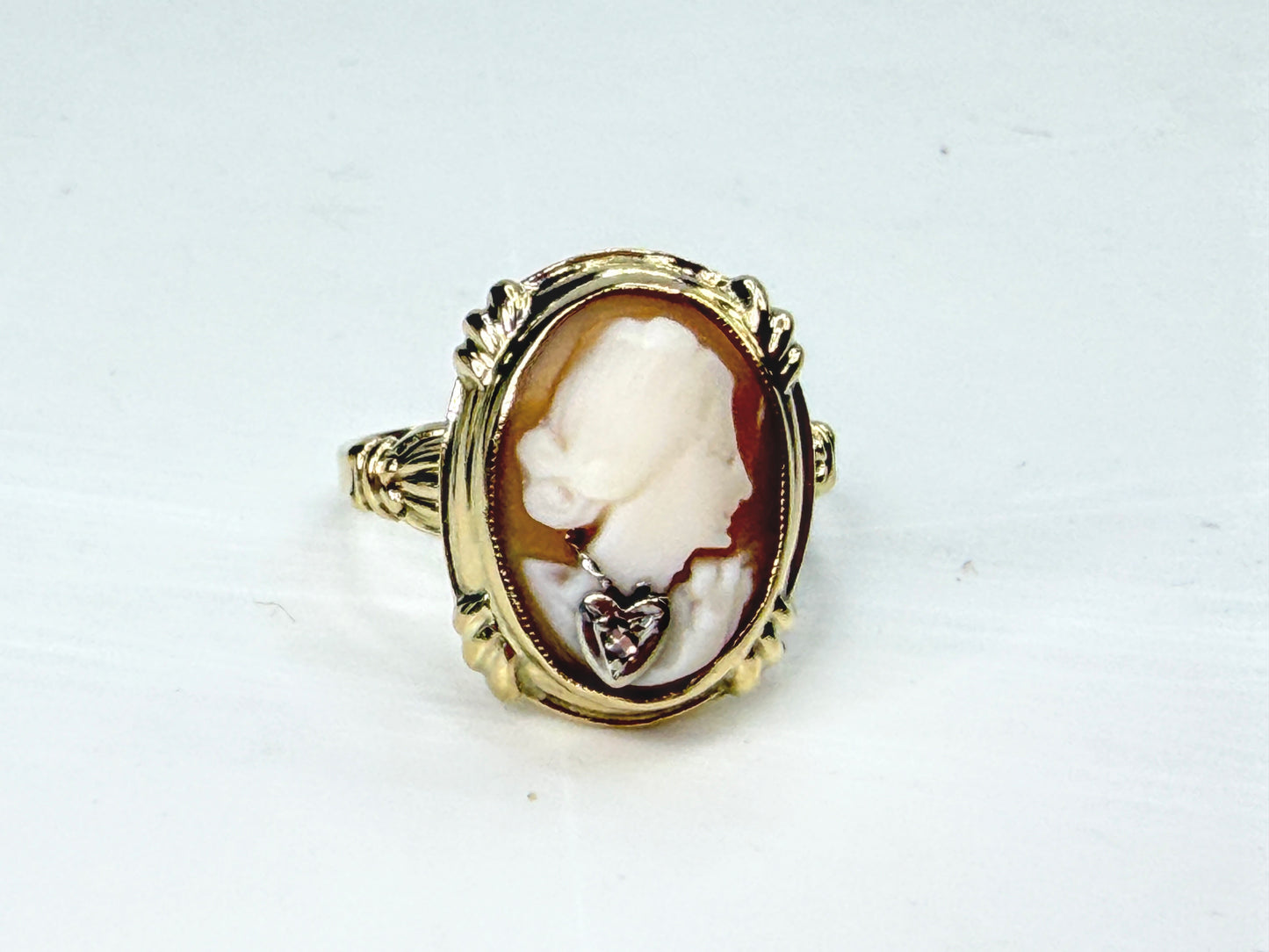 Edwardian antique 14K Gold Shell Cameo Diamond Habillé Ring Size 6 JR1988