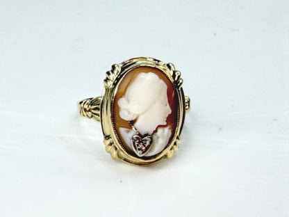 Edwardian antique 14K Gold Shell Cameo Diamond Habillé Ring Size 6 JR1988