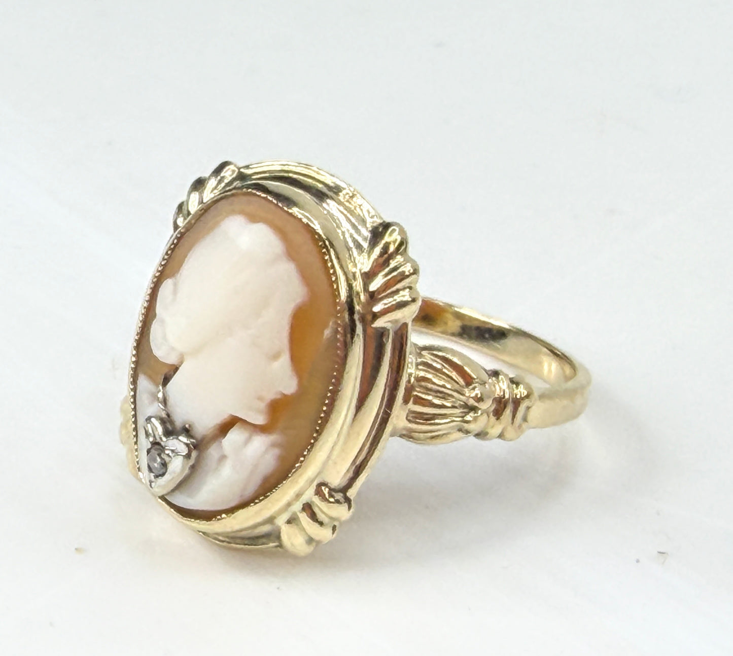 Edwardian antique 14K Gold Shell Cameo Diamond Habillé Ring Size 6 JR1988