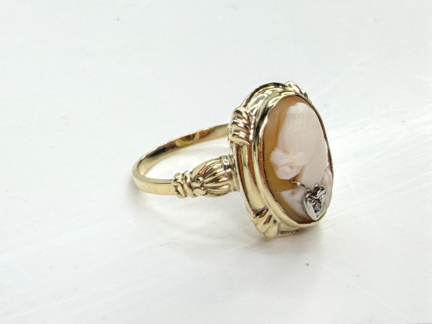 Edwardian antique 14K Gold Shell Cameo Diamond Habillé Ring Size 6 JR1988