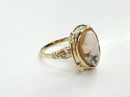 Edwardian antique 14K Gold Shell Cameo Diamond Habillé Ring Size 6 JR1988