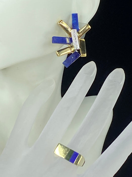 Modernist 18k 14K abstract design Diamond Lapis earring ring set