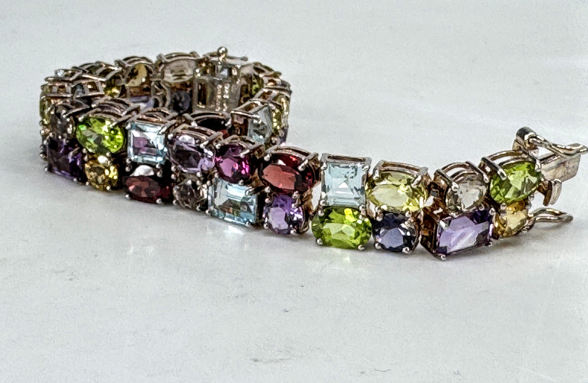 Sterling Silver Mixed-Cut Multi-Gemstone Tennis Bracelet 24.8g 7.25"x11mm JR2096