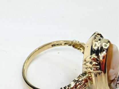 Edwardian antique 14K Gold Shell Cameo Diamond Habillé Ring Size 6 JR1988