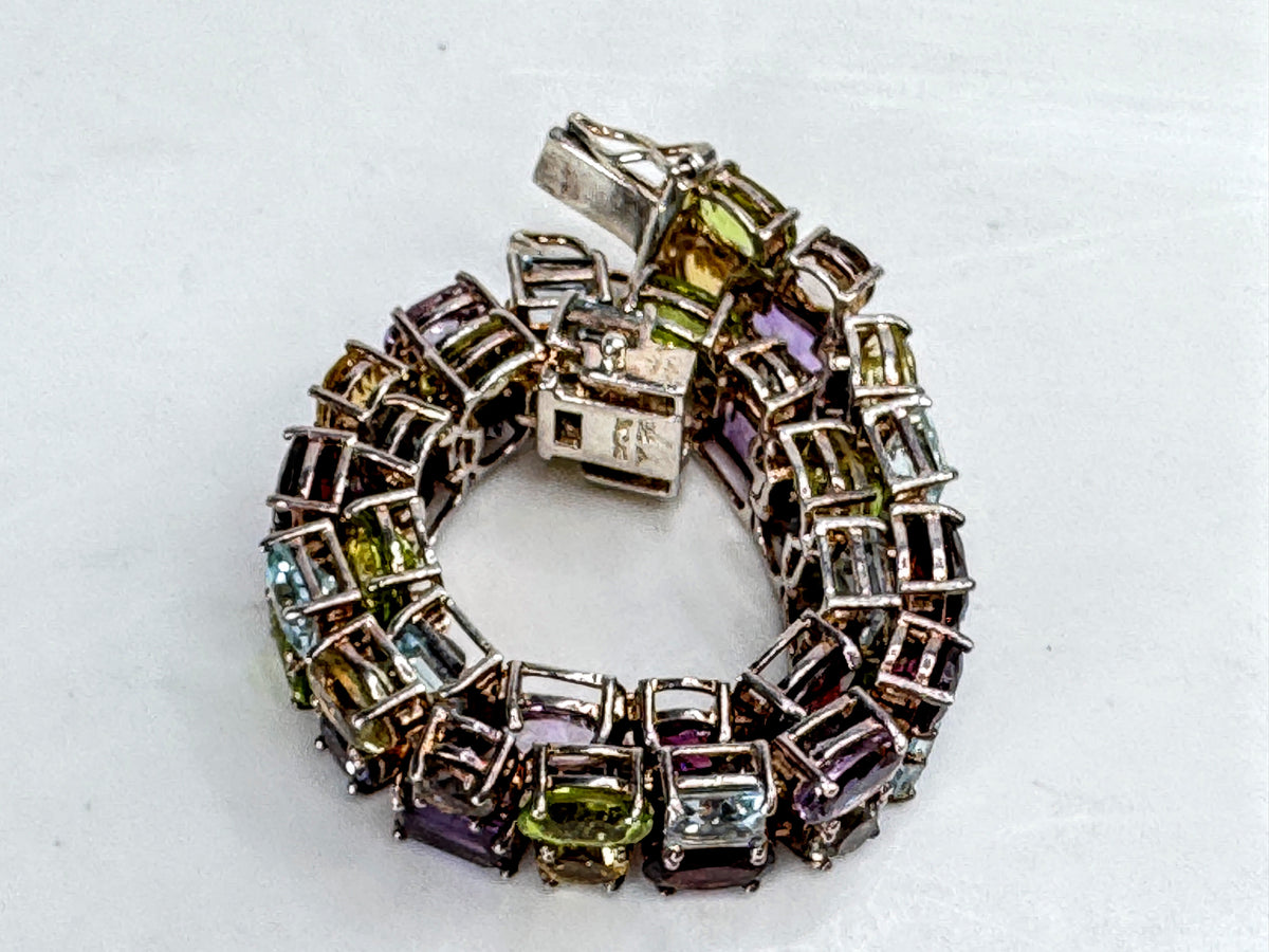 Sterling Silver Mixed-Cut Multi-Gemstone Tennis Bracelet 24.8g 7.25"x11mm JR2096