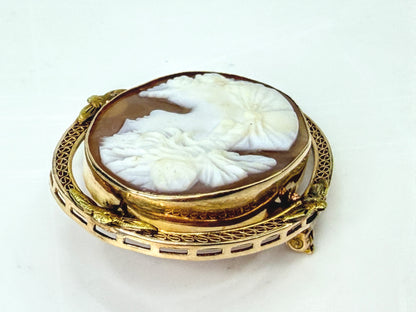 Antique 14K Gold Hand Carved Shell Cameo Brooch Ornate Filigree JR1989