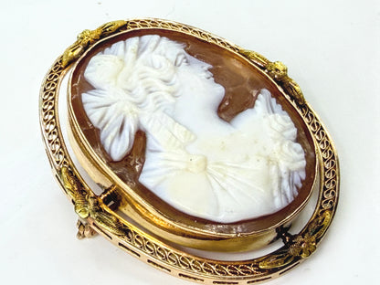 Antique 14K Gold Hand Carved Shell Cameo Brooch Ornate Filigree JR1989