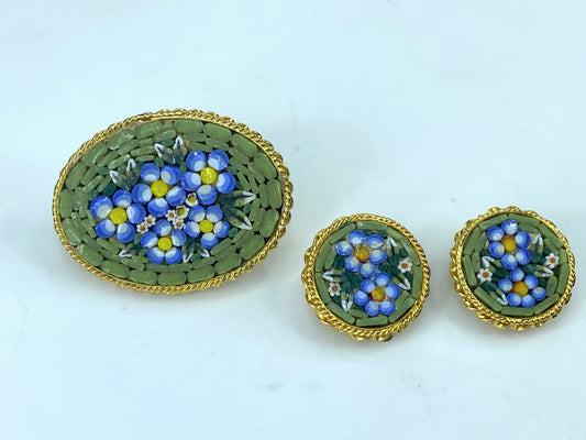 Micro Mosaic Floral Brooch & Earrings Set "Forget Me Not" Made in Italy JR 9570