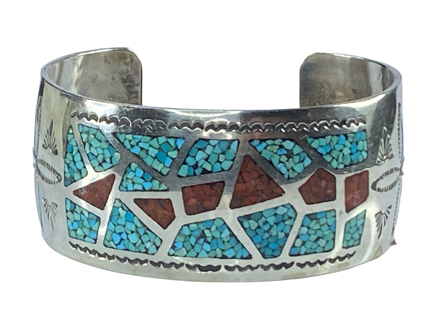 Old Indian Sterling inlay Turquoise Spiny Oyster cuff bangle