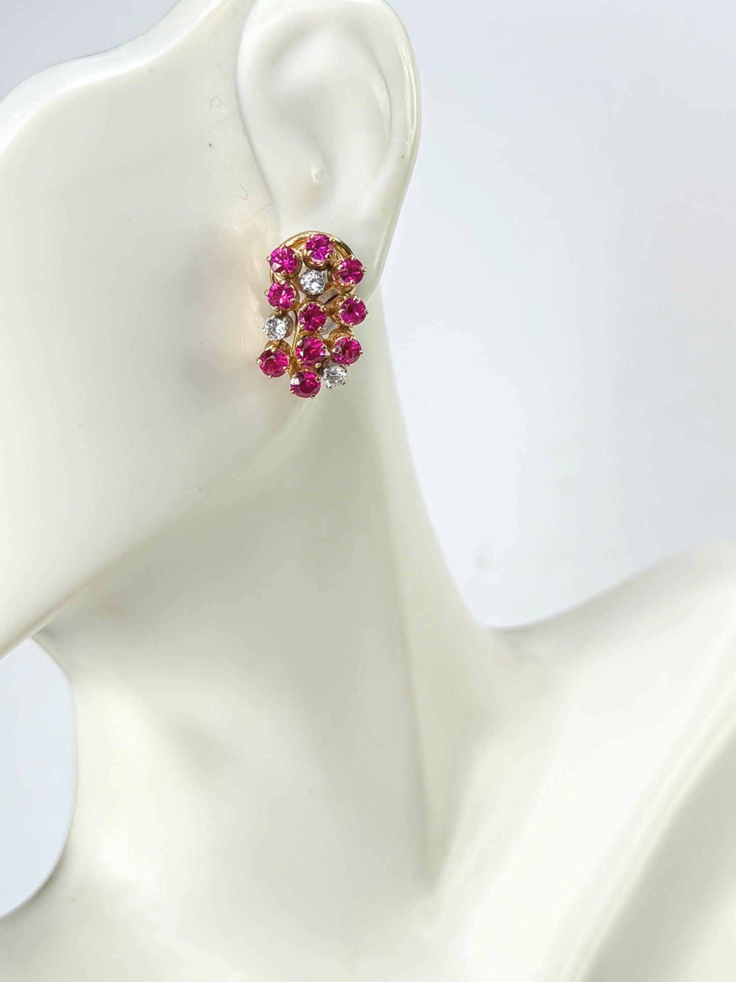 c50's 18K Gold Ruby & Diamond Cluster Earrings Omega Backs 5.9g 16.8mm JR1991