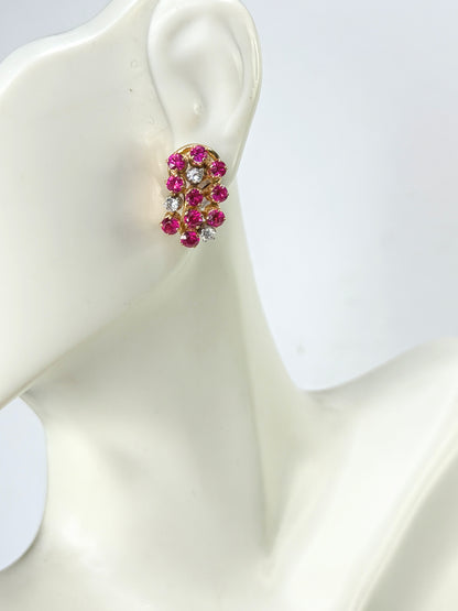 c50's 18K Gold Ruby & Diamond Cluster Earrings Omega Backs 5.9g 16.8mm JR1991